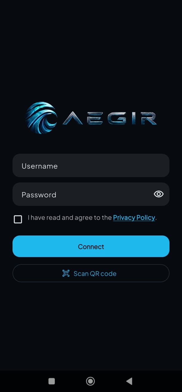 Aegir Phone login screen with Scan QR code