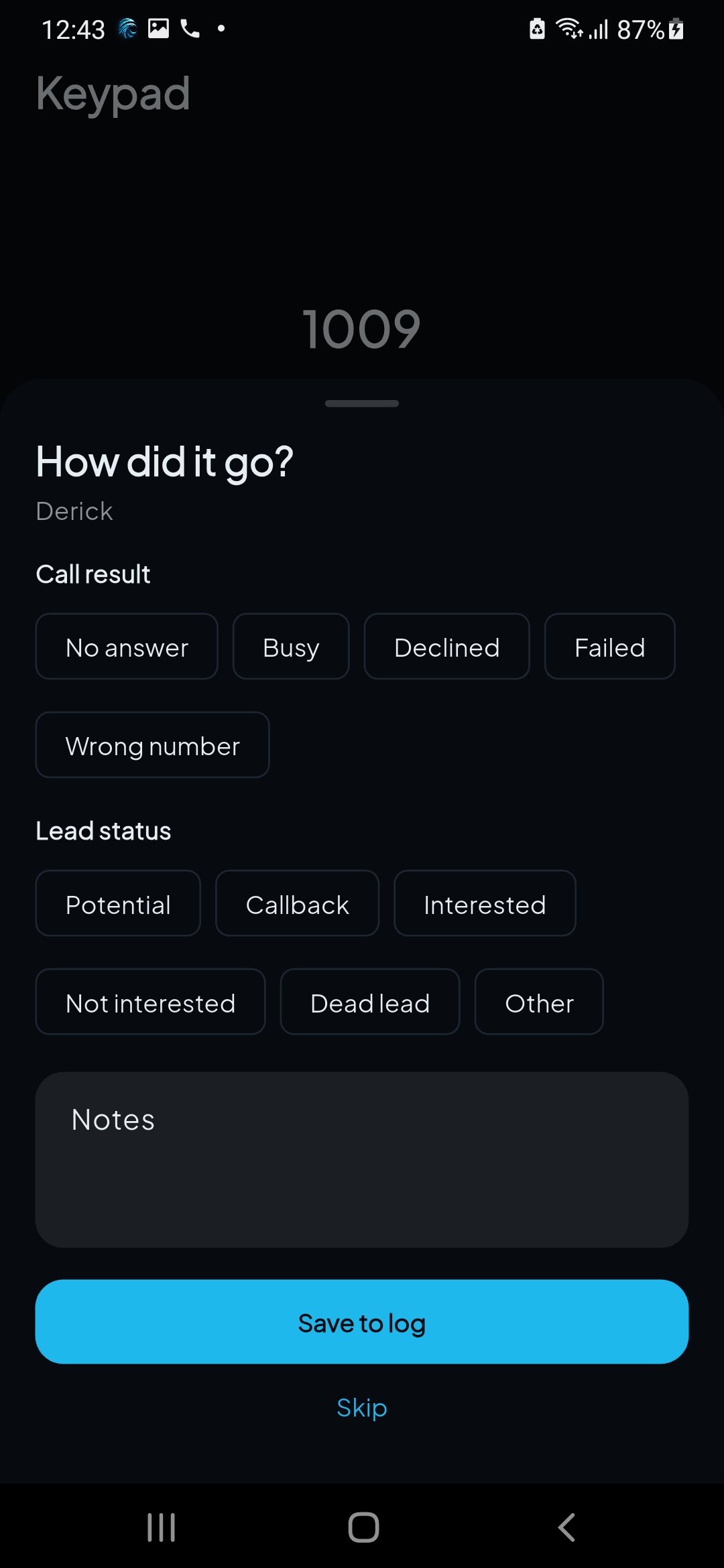 Aegir Phone post-call outcome sheet